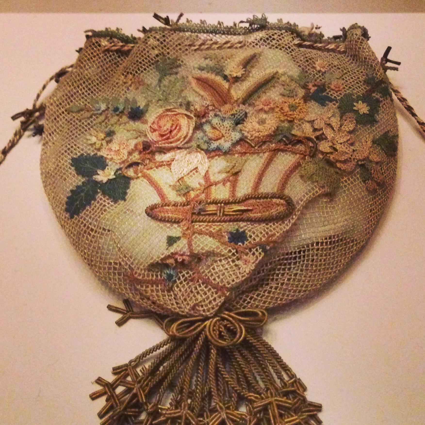 Reticule of tulle embroidered with flowers in relief, Lady Ponsonby, Turkey 1841